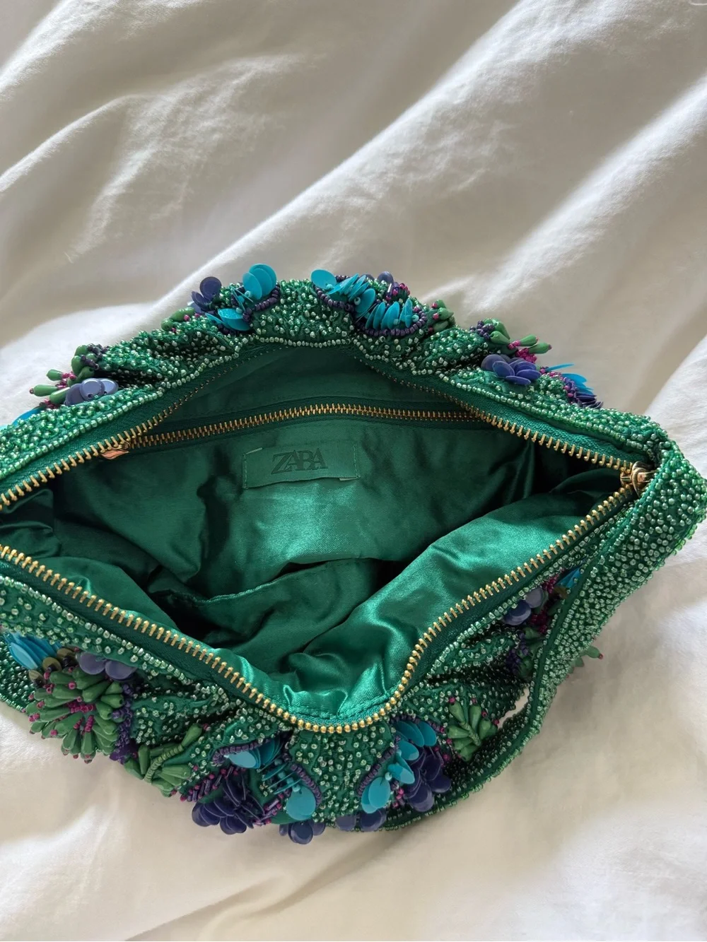 Zara Green Beaded Clutch with Blue and Purple Embellishments